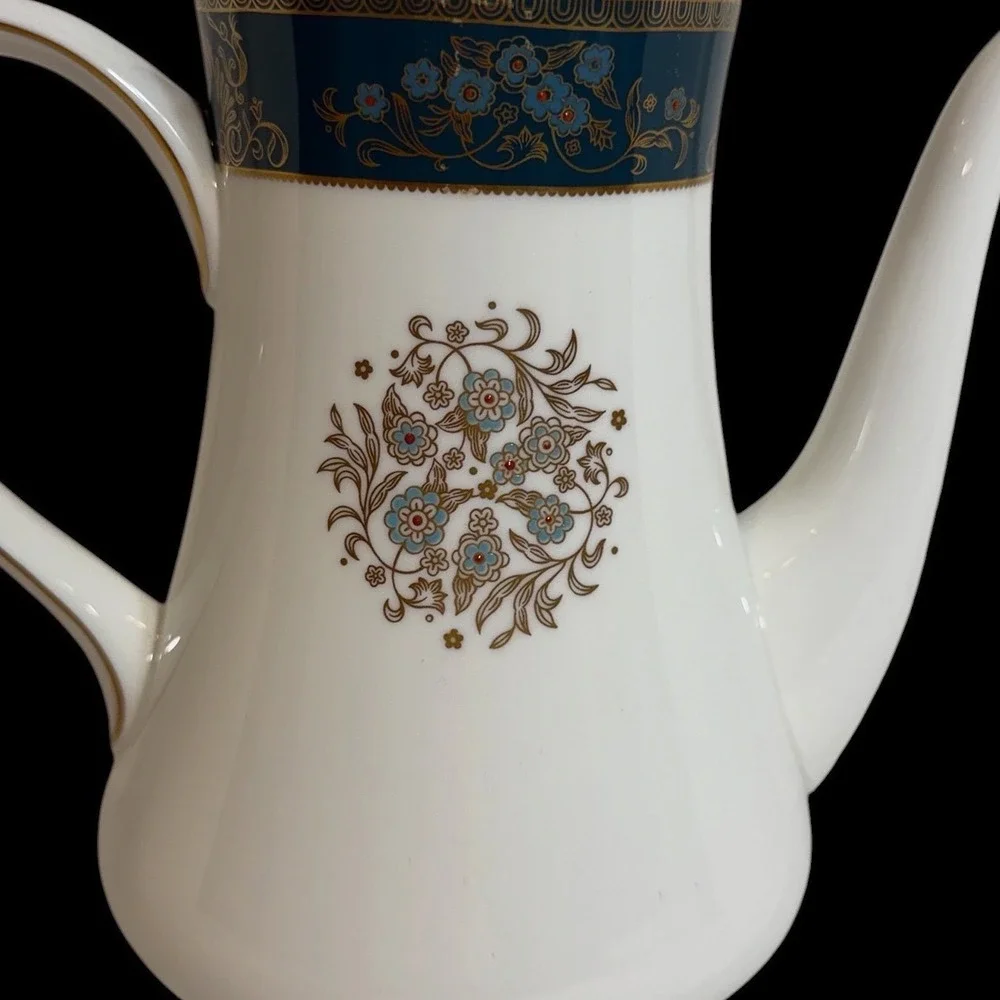Wedgwood Agincourt R4513 Coffee Pot Bone China Teal Blue Gold Floral England